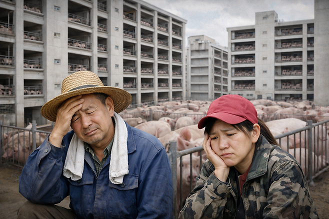 중국 돼지고기 가격이 약 8년만에 최저 수준으로 떨어지면서 양돈업자들의 한숨이 깊어지고 있다. [챗GPT 생성]