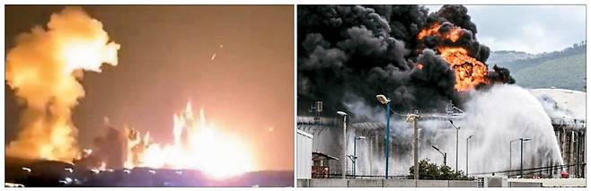 핵심시설에 난타전 주고받는 미국·이란도널드 트럼프 미국 대통령이 30일(현지시간) 이란 이스파한에 있는 대형 탄약고를 1t 규모 벙커버스터로 타격하는 영상을 자신의 사회관계망서비스(SNS)를 통해 공개했다(왼쪽 사진). 같은 날 이란과 헤즈볼라는 이스라엘 하이파에 있는 정유시설에 미사일 공격을 실시했다.  트럼프 트루스소셜 캡처·로이터연합뉴스