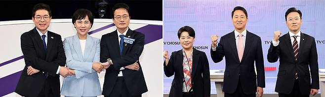웃고는 있지만… 서울시장 선거에 출마한 더불어민주당 정원오(왼쪽부터)·전현희·박주민 예비후보가 31일 서울 마포구 상암동 MBC 신사옥에서 민주당 서울시장 본경선 합동토론회를 가졌다. 오른쪽 사진은 국민의힘 서울시장 윤희숙·오세훈·박수민 예비후보가 서울 중구 TV조선 스튜디오에서 비전토론회에 참석한 모습. 국회사진기자단