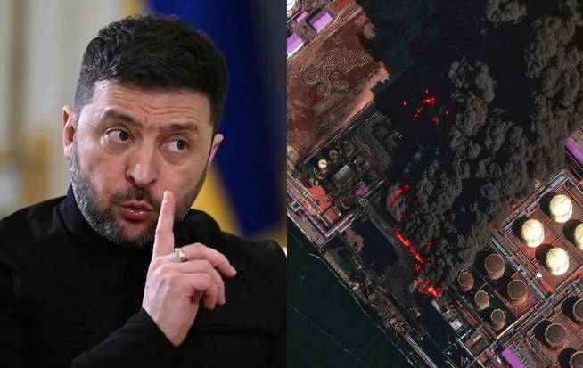 볼로디미르 젤렌스키 우크라이나 대통령과 지난 27일 우크라이나의 공격 이후 러시아 발트해 우스트-루가에서 화염이 피어오르고 있다. 로이터 연합뉴스