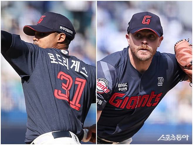 롯데 외국인 투수 엘빈 로드리게스(왼쪽)와 제레미 비슬리가 28일부터 이틀간 대구삼성라이온즈파크서 열린 삼성전서 팀의 개막 2연승을 이끌었다. 사진제공｜롯데 자이언츠