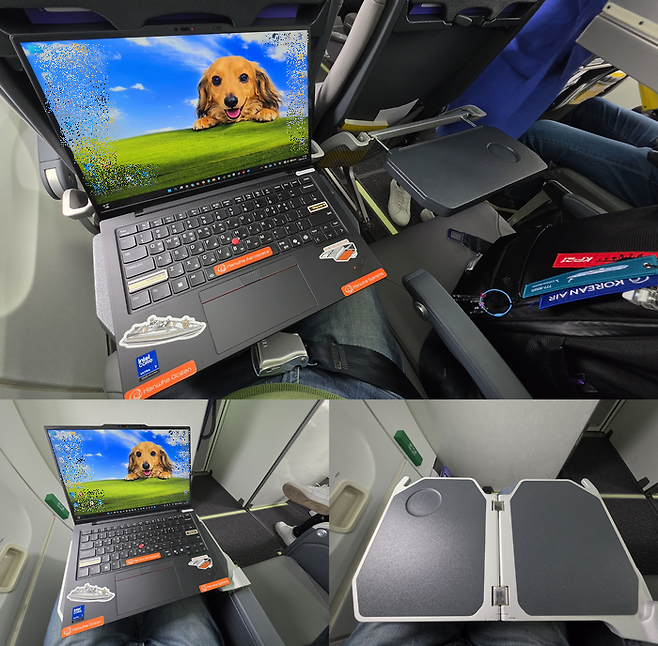 ▲좌석 등받이에 달린 트레이를 펼쳐 14인치 노트북을 올려놓은 모습(상단)과 1열의 트레이를 꺼내 노트북을 거치한 상태(하단 좌측). 사진=박규빈 기자