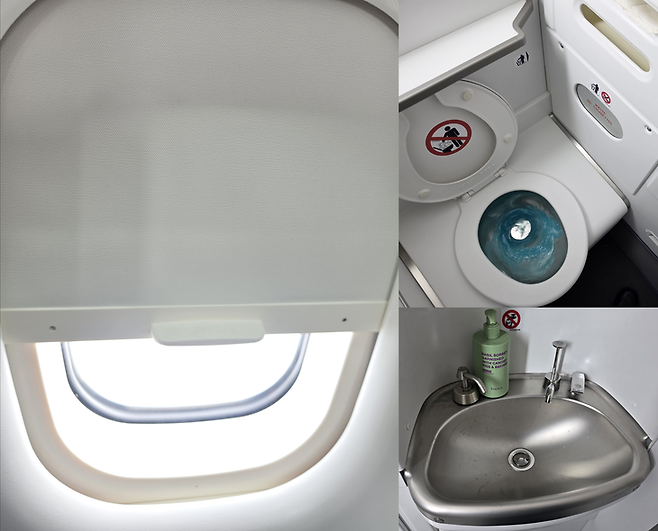 ▲ATR 72-600의 창문 덮개(좌)와 화장실 내부(우). 사진=박규빈 기자