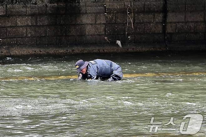 지난달 31일 오전 10시 30분쯤 "신천에 수상한 캐리어가 있다"는 신고를 접수한 경찰이 대구 북구 칠성동 잠수교 주변을 수색하고 있다. (독자 제공. 재판매 및 DB 금지) 2026.3.31 ⓒ 뉴스1 공정식 기자