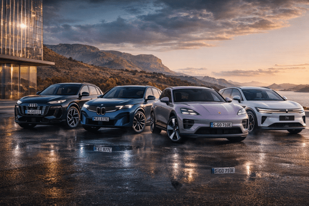 왼쪽부터 아우디 'Q6 e-트론', BMW 'iX3', 포르쉐 '마칸 일렉트릭', 지커 '7X' (사진=챗GPT 활용)