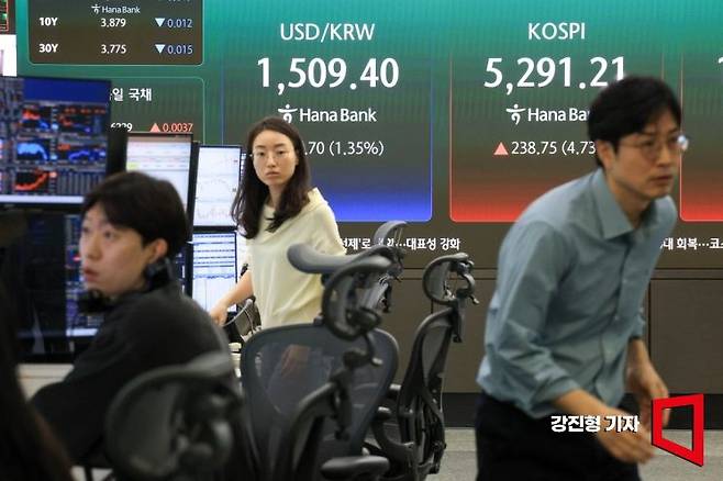 코스피 지수가 종전 기대감에 5%대 급등 출발하며 장 초반 매수사이드카가 발동한 1일 서울 중구 하나은행 본점 딜링룸 전광판에 국내증시 현황이 표시돼 있다. 이날 원달러 환율은 전 거래일 대비 21.6원 내린 1508.5원에 거래를 시작 했다. 2026.4.1 강진형 기자