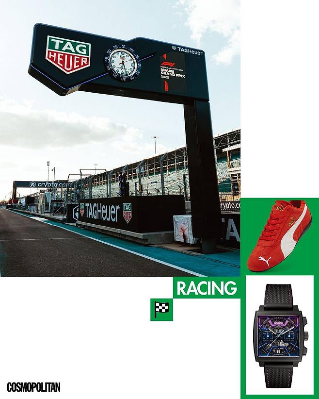2025년 태그호이어가 타임키퍼로 나선 F1 마이애미 그랑프리 전경, 푸마의 스피드캣 스니커즈, 라스베이거스 그랑프리를 기념해 출시한 태그호이어의 모나코 크로노그래프.