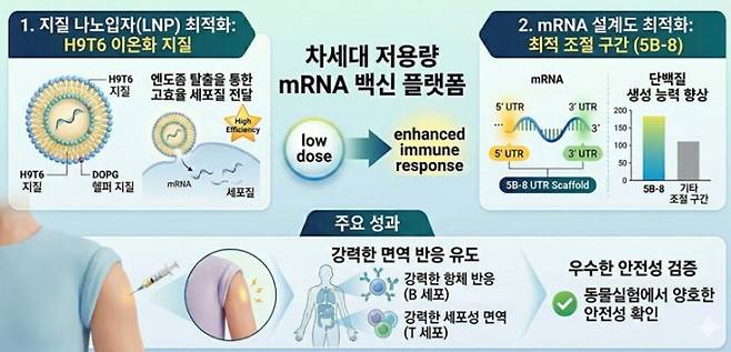 차세대 저용량 mRNA 백신 플랫폼 개념도. 왼쪽은 mRNA를 세포 안까지 효과적으로 전달하는 새로운 지방 성분(H9T6) 기반 나노입자, 오른쪽은 단백질 생산 능력을 높이도록 최적화한 mRNA 설계 구조를 보여준다. 두 기술을 합쳐 적은 용량으로도 강한 항체·면역세포 반응을 이끌어냈다. 생명연 제공