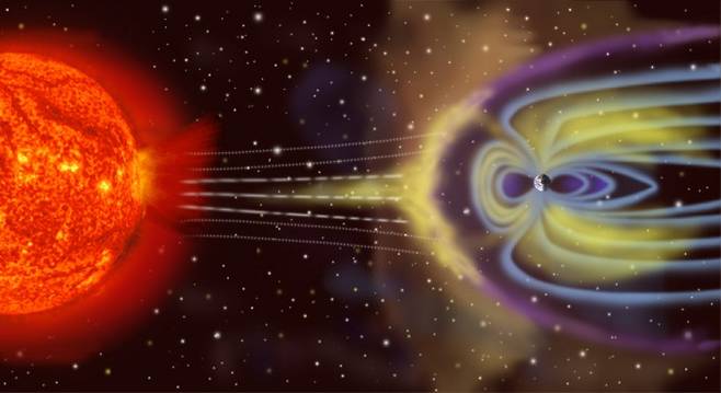 태양이 지구 방향으로 코로나 질량 방출(CME)을 내뿜는 모습을 묘사한 그림. NASA 제공