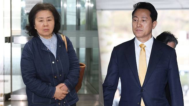 김영선 전 국민의힘 의원이 1일 서초동 서울중앙지법에서 열리는 오세훈 서울시장의 여론조사 대납 의혹 사건 1심 속행 공판에 증인신문을 위해 출석하고 있다.