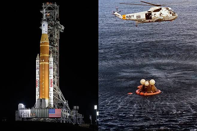 SLS 로켓과 결합된 오리온 우주선이 미국 케네디스페이스센터 39B 발사대에 설치된 모습, 오른쪽은 지난 1972년 12월 19일 아폴로 17호의 우주선 캡슐이 태평양에 착수한 모습. NASA/조엘 코우스키