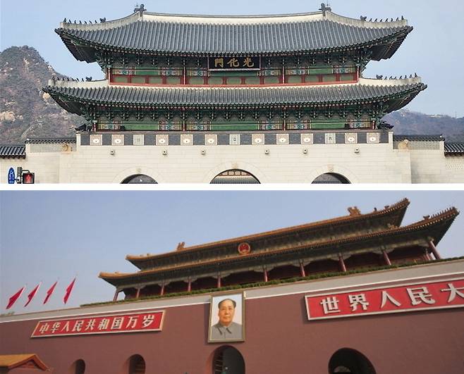 우리나라 광화문(위)과 중국 천안문 모습. 광화문에는 현판이 있지만 천안문에는 현판 자리에 국가휘장만 있다. 서울경제DB
