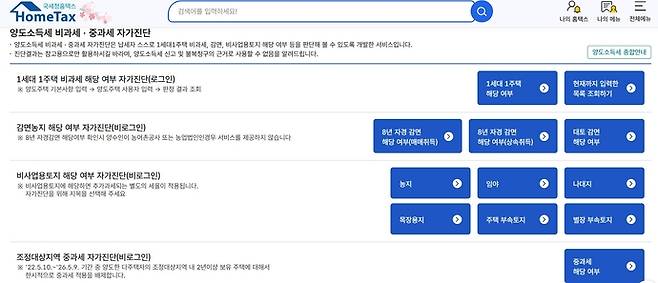 국세청 홈택스·손택스 홈페이지 양도소득세 비과세·중과세 자가진단 이용 화면. 사진=국세청 홈택스 홈페이지