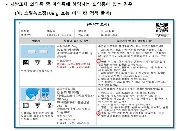 운전금지약물&nbsp; 복약지도서 예시.&nbsp; 퍼스트디스 제공.