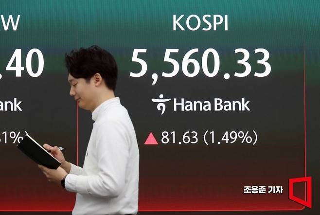 도널드 트럼프 미국 대통령이 미국-이란 전쟁의 ‘2~3주 내 종료 방침을 밝힌 가운데 이란 전쟁과 관련한 대국민 연설을 예고한 2일 서울 중구 하나은행 본점 딜링룸에서 직원이 증시와 환율, 코스닥 등을 모니터하고 있다. 이날 코스피는 전 거래일 대비 1.33% 오른 5551.59에 코스닥은 1.25% 상승으로 출발했다. 2026.4.2 조용준 기자