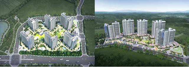 고덕국제신도시 수자인풍경채 1·2단지 조감도, (좌)1단지, (우)2단지