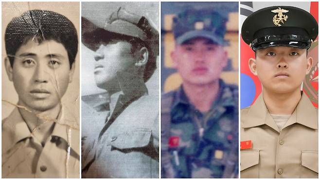 2일 경북 포항 해병대 교육훈련단에서 열린 수료식에서 해병대 최초 '4대 가문'이 탄생했다. 주인공 김준영 이병은 증조할아버지(병 3기), 할아버지(병 173기), 아버지(병 754기)에 이어 병 1327기로 수료했다. 왼쪽부터 1대 고 김재찬 옹, 2대 김은일 옹, 3대 김철민 씨, 4대 김 이병. 사진 해병대