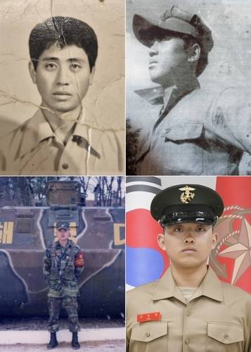 (왼쪽 위부터 시계 방향) 1대 해병 김재찬 옹, 2대 해병 김은일 옹, 4대 해병 김준영 이병, 3대 해병 김철민 씨. [해병대]