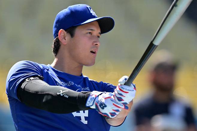 LA 다저스 오타니 쇼헤이가 2일 클리블랜드전에 앞서 프리 배팅 훈련을 하고 있다. Imagn Images연합뉴스