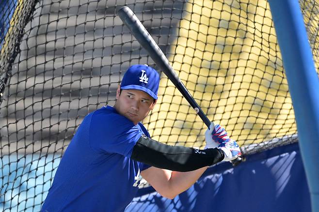 LA 다저스 오타니 쇼헤이가 2일 클리블랜드전에 앞서 프리 배팅 훈련을 하고 있다. Imagn Images연합뉴스