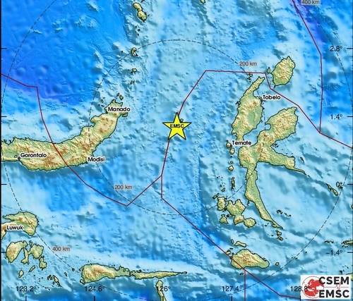 인도네시아 북말루쿠 해역 규모 7.4 지진 진원지 [유럽지중해지진센터 홈페이지 캡처. 재판매 및 DB 금지]