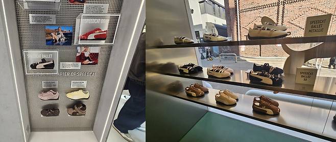푸마 ‘스니커 박스(SNKR BX)’ 콘셉트 스토어 성수점에 한정판 및 출시 예정 제품이 진열돼있으며(왼) 그린 필드 공간 윈도우 월에는 스피드캣이 진열돼있다.(사진=정영인 기자 oin@)
