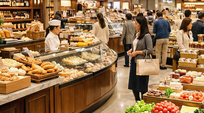 고객들이 쇼핑 중인 백화점 식품관 모습. [제공=챗GPT]