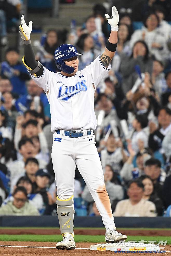 1일 대구 삼성라이온즈파크에서 열린 삼성과 두산의 경기. 3회 2타점 적시타 날린 류지혁. 대구=송정헌 기자songs@sportschosun.com/2026.04.01/