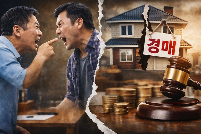 형제 간 상속 부동산을 둘러싼 갈등이 격화될 경우, 공유 관계가 깨지며 경매로 이어질 수 있다는 점을 상징적으로 표현한 이미지. 챗GPT 생성 이미지