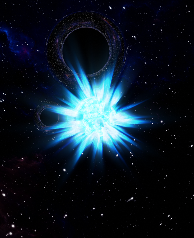 별이 폭발하는 장면.&nbsp;그 배경에 서로를 공전하는 쌍성 블랙홀의 모습이 희미하게 담겨 있다. Carl Knox, OzGrav, Swinburne University of Technology 제공