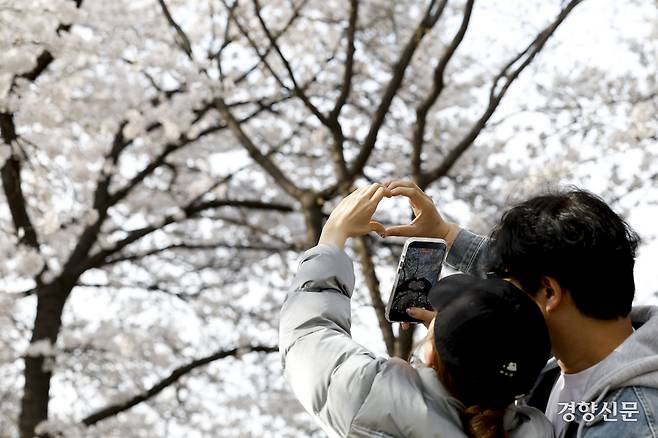 2026 여의도 벚꽃 축제 개막일인 3일 서울 여의도 윤중로 벚꽃길에서 시민들과 관광객들이 봄기운을 만끽하고 있다. 문재원 기자