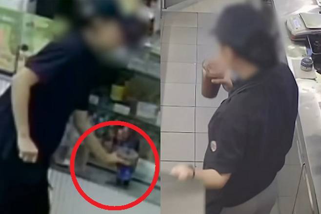 청주의 한 프랜차이즈 카페 가맹점에서 아르바이트생이 음료를 무단으로 마셨다며 점주 측이 공개한 폐쇄회로(CC)TV 장면. SBS 보도화면 캡처