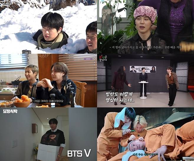방탄소년단. 사진l유튜브 ‘인생84’, ‘랑데뷰 미용실’, ‘에픽카세’, ‘카니를 찾아서’, ‘요정식탁’, ‘추성훈’ 화면 캡처