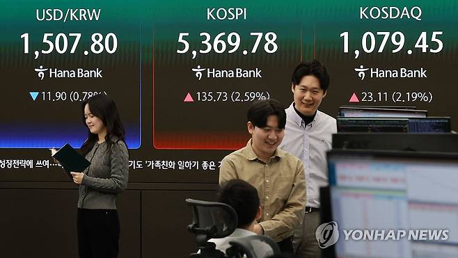 호르무즈 해협 개방 기대에…환율 12.1원 내린 1,507.6원 (서울=연합뉴스) 한종찬 기자 = 코스피가 상승 출발한 3일 오전 서울 중구 하나은행 본점 딜링룸 전광판에 코스피와 환율이 표시돼 있다. 2026.4.3 saba@yna.co.kr