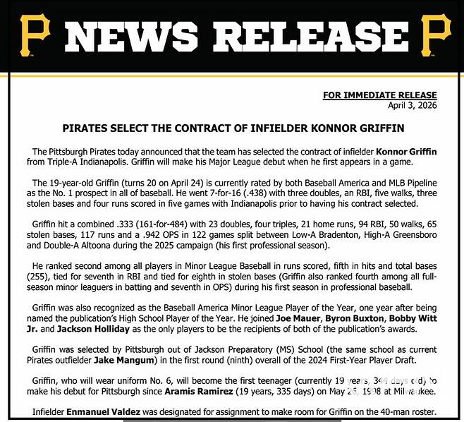 (피츠버그가 4일 MHN에 보내온 구단 보도자료. 그리핀의 공식 빅리그 콜업소식을 담고있다)