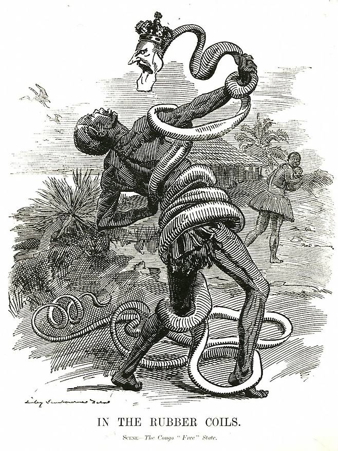 레오폴트 2세가 콩고 원주민의 손목을 휘감고 위협하는 풍자화. 1906년 작품.