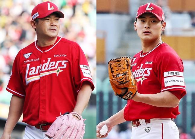 SSG 랜더스 필승조 노경은(왼쪽)과 조병현. /사진=SSG 랜더스 제공