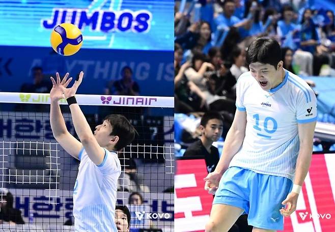 토스하는 대한항공의 한선수(왼쪽)과 기뻐하는 정지석 [한국배구연맹 제공. 재판매 및 DB 금지]