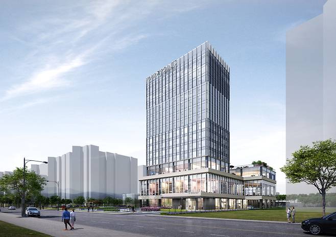 ▲ 구미시 제1국가산업단지에 지하 1층~지상 15층, 211객실 규모의 4성급 글로벌 브랜드 호텔 투시도. 구미시 제공.