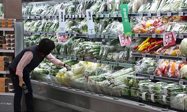 ▲주요 IB 8곳이 제시한 올해 한국 소비자물가 상승률 평균 전망치는 2월 말 2.0%에서 3월 말 2.4%로 높아졌다. 사진은 서울 시내의 한 마트에 채소가 진열되어 있는 모습.