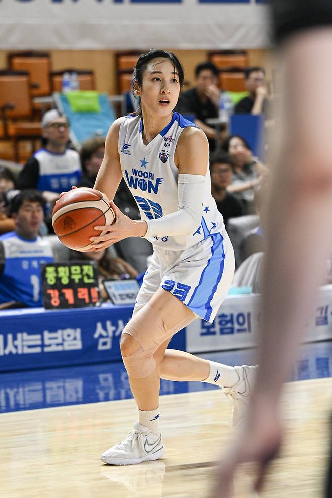 우리은행 김단비가 3일 용신시실내체육관에서 열린 BNK금융 2025~2026 여자프로농구 정규리그 최종전 삼성생명과 경기에서 패스할 곳을 찾고 있다. 사진 | WKBL