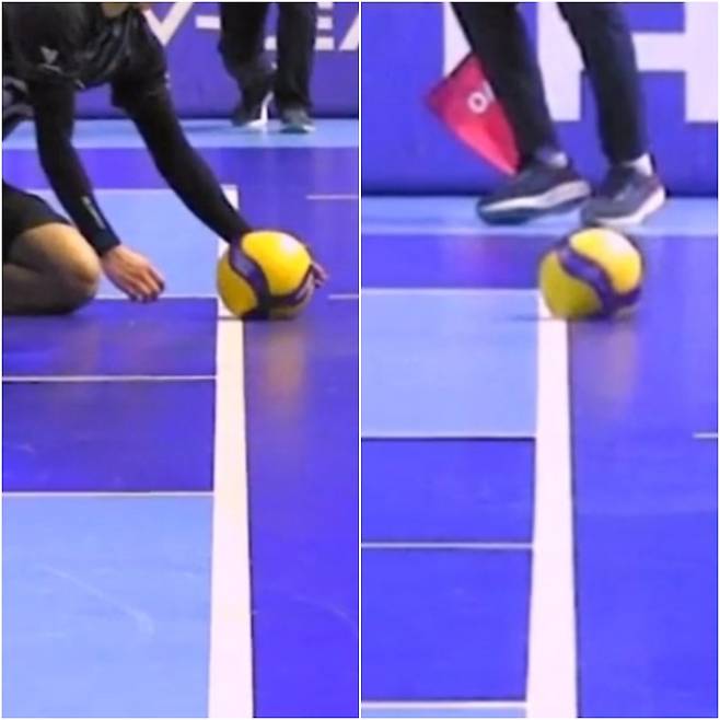 지난 4일 열린 대한항공-현대캐피탈의 챔피언 결정전 2차전 5세트 후반 비디오 판독 상황. 로컬룰에 따라 공이 최대한 접지했을 때 코트 안쪽 라인이 똑같이 보이지만, 왼쪽은 인(대한항공 득점) 오른쪽은 아웃(대한항공 득점)이라는 판정이 나왔다. 사진=KBSN SPORTS 중계화면 캡처