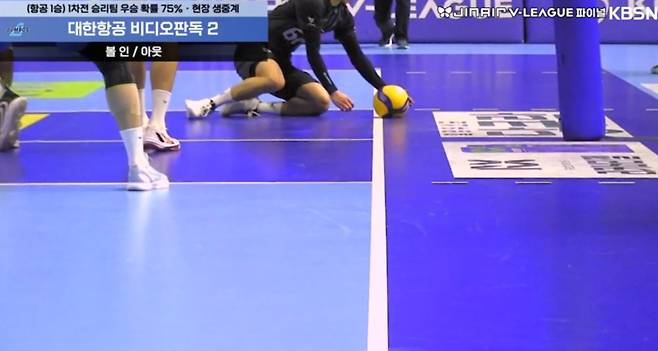 현대캐피탈이 5세트 13-12로 앞선 상황에서 레오의 공격이 대한항공 마쏘의 블로킹에 막혀 코트에 떨어지고 있다. 공이 코트에 최대한 접지했을 때 라인 안쪽 선이 보인다. 사진=KBSN SPORTS 중계화면 캡처&nbsp;