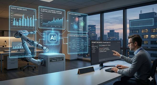 인간 연구자가 프롬프트를 입력하고, AI가 직접 논문을 쓰는 모습을 시각화한 이미지. 나노바나나2