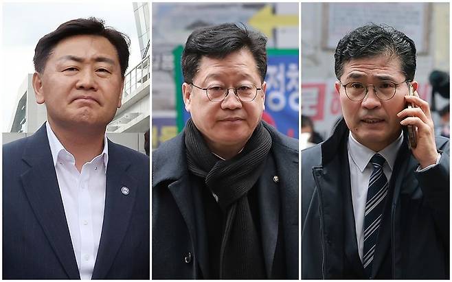 왼쪽부터 김관영 전북지사, 안호영 의원(완주·진안·무주), 이원택 의원(군산·김제·부안을). 여론조사에서 줄곧 1위를 달리던 김 지사가 지난 1일 '현금 살포 의혹'으로 더불어민주당에서 제명되자 안호영·이원택 의원 등 2명만 4일 민주당 전북지사 경선 후보로 등록했다. [연합뉴스]