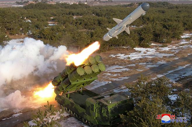 A North Korean ground-to-sea missile is seen during a test launch near Pyongyang on Feb. 15, in this photo released by the Korean Central News Agency. [YONHAP]