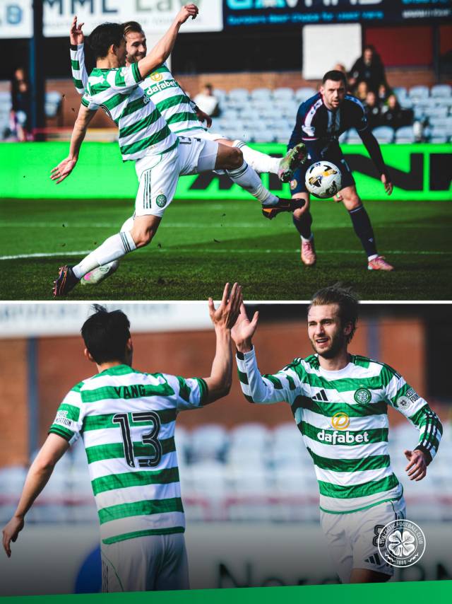 셀틱의 양현준이 6일 영국 스코틀랜드 던디의 덴스 파크에서 열린 스코틀랜드 프리미어십 32라운드 던디와의 경기 도중 선제골을 넣고 있다. 셀틱 SNS 제공