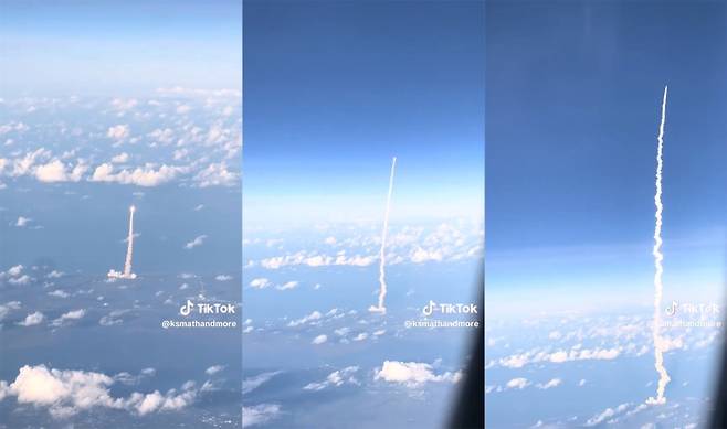 ▲ 3만 8천피트(약 1만 2,000m) 상공을 날던 유나이티드 항공 여객기 안에서 아르테미스 2호 발사 장면이 포착됐다. [틱톡 @ksmathandmore]