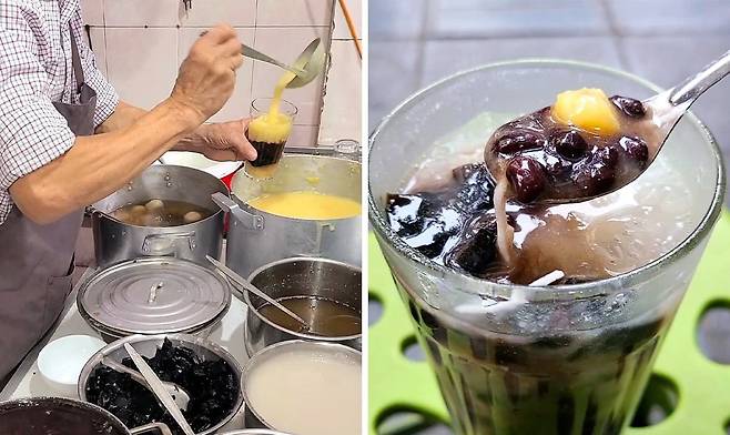 [좌] 맛있는 것만 골라 담아주시는 사장님. [우] 쩨 탑깜 완성. 팥빙수가 떠오르는 맛. / 사진. ⓒ신예희