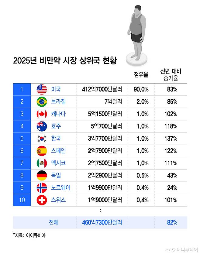 2025년 비만약 시장 상위국 현황/그래픽=윤선정